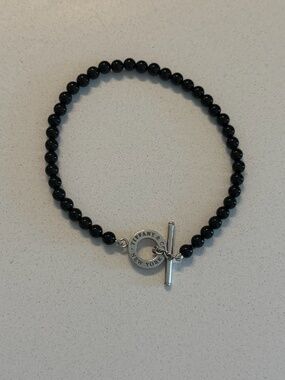 Tiffany & Co. Black Onyx Bead Sterling Silver 925 Toggle Bracelet Approx. 8" HTF